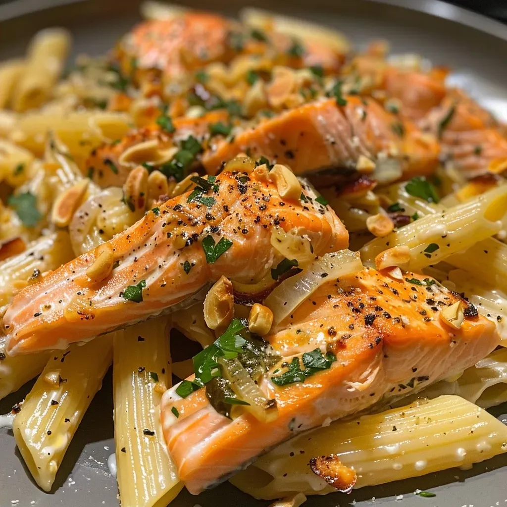 ['Close-up view of a plate of salmon pasta garnished with parsley.', 'Side view of salmon pasta showcasing vibrant colors and textures.', 'Juicy salmon chunks mixed with penne pasta and herbs in a bowl.', 'Cream-free salmon pasta dish with olive oil and garlic topping.']