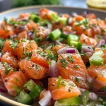 ['Close-up view of a vibrant salmon salad with colorful ingredients.', 'Side view of a fresh salmon salad showcasing pink salmon and diced vegetables.', 'Detailed shot of a salmon salad featuring salmon filets and herbs.', 'Juicy salmon salad with red onion, celery, and a creamy dressing.']