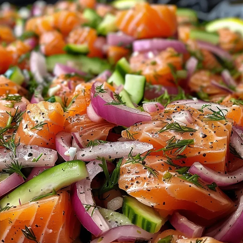 ['Close-up view of a vibrant salmon salad with colorful ingredients.', 'Side view of a fresh salmon salad showcasing pink salmon and diced vegetables.', 'Detailed shot of a salmon salad featuring salmon filets and herbs.', 'Juicy salmon salad with red onion, celery, and a creamy dressing.']