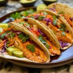 ['Close-up view of juicy salmon tacos with colorful toppings.', 'Side view of salmon tacos garnished with avocado and lime.', 'Delicious salmon tacos displayed with cilantro and cabbage.', 'A vibrant plate of salmon tacos featuring fresh ingredients.']