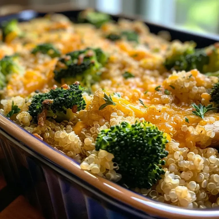 ['Close-up of a savory broccoli quinoa bake, showcasing a mix of cheese and vegetables.', 'Side view of a delicious broccoli and quinoa casserole, highlighting its golden crust.', 'A portion of broccoli quinoa bake with melted cheese and steamed broccoli visible.', 'Zoomed-in image of a baked quinoa dish with broccoli and shredded cheese on top.']