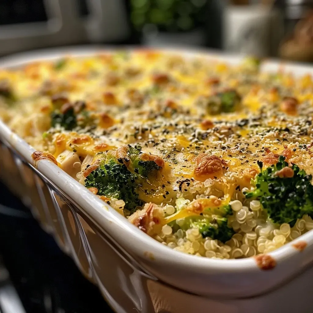 ['Close-up of a savory broccoli quinoa bake, showcasing a mix of cheese and vegetables.', 'Side view of a delicious broccoli and quinoa casserole, highlighting its golden crust.', 'A portion of broccoli quinoa bake with melted cheese and steamed broccoli visible.', 'Zoomed-in image of a baked quinoa dish with broccoli and shredded cheese on top.']