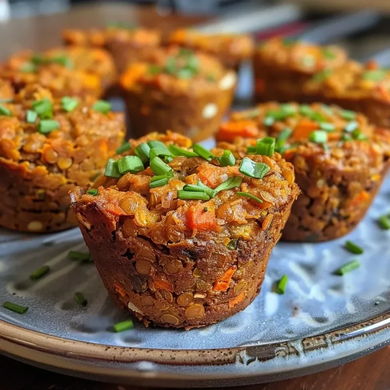 ['A close-up side view of a golden-brown savory lentil muffin displaying a crumbly texture.', 'Succulent savory lentil muffins with visible chives and a hearty crust, captured in detail.', 'A side profile of moist savory lentil muffins featuring flecks of carrot and spices.', 'Freshly baked savory lentil muffins showing a rich color and texture in a close-up shot.']