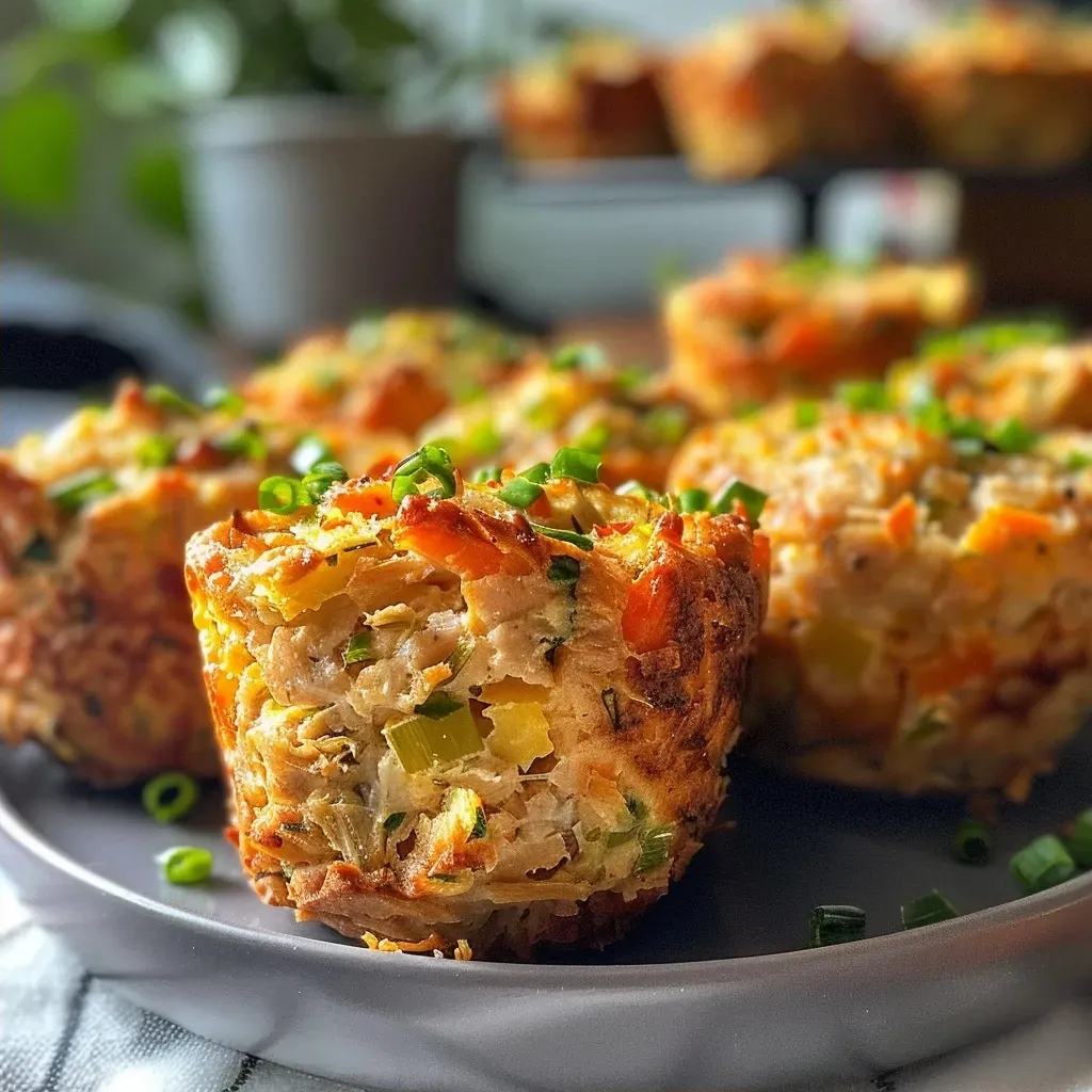 Close-up side view of savory tuna muffins with visible ingredients.
