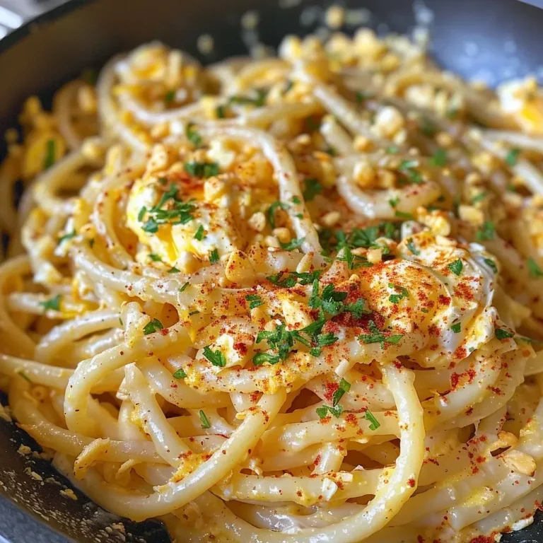 ['Close-up view of scrambled egg spaghetti garnished with parsley.', 'Side view of a plate filled with creamy scrambled egg spaghetti.', 'Juicy scrambled egg spaghetti highlighted with red chili flakes.', 'Delicious spaghetti mixed with scrambled eggs and garlic, presented attractively.']