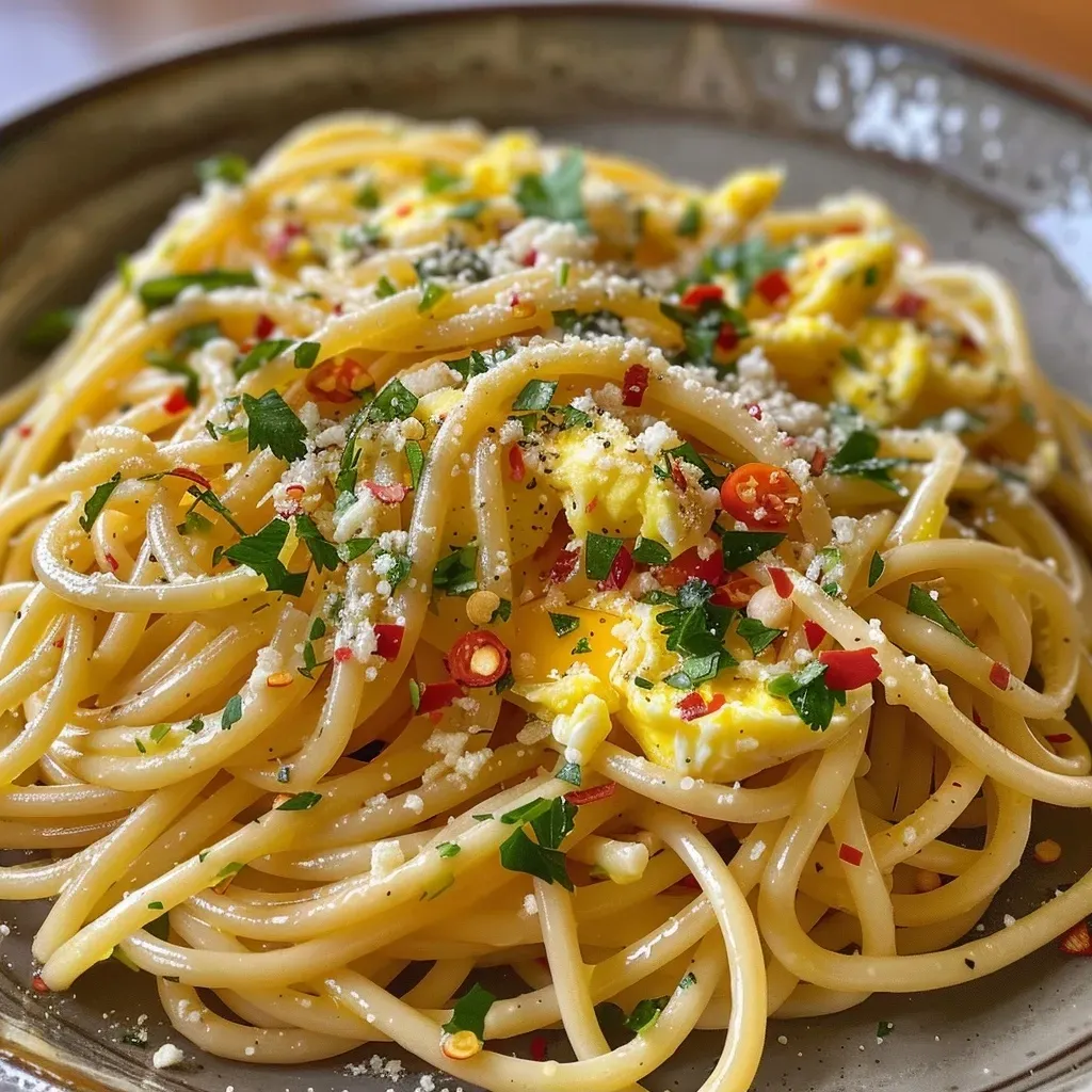 Close-up view of scrambled egg spaghetti garnished with parsley.