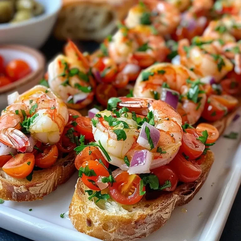 ['A close-up side view of shrimp crostini topped with Hüttenkäse and colorful Mediterranean vegetables.', 'Detailed view of a shrimp crostini featuring creamy cheese and vibrant ingredients on toasted bread.', 'An appetizing close-up of shrimp, Hüttenkäse, and assorted vegetables on crispy crostini.', 'Side angle of garnished shrimp crostini highlighting fresh toppings and toasted bread.']