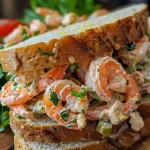 ['Close-up side view of a shrimp salad sandwich with vibrant ingredients.', 'A delicious shrimp salad sandwich displayed with fresh shrimp and colorful toppings.', 'Juicy shrimp salad sandwich showcasing a medley of shrimp and colorful vegetables.', 'Detailed view of a shrimp salad sandwich with visible shrimp and toppings in a bun.']