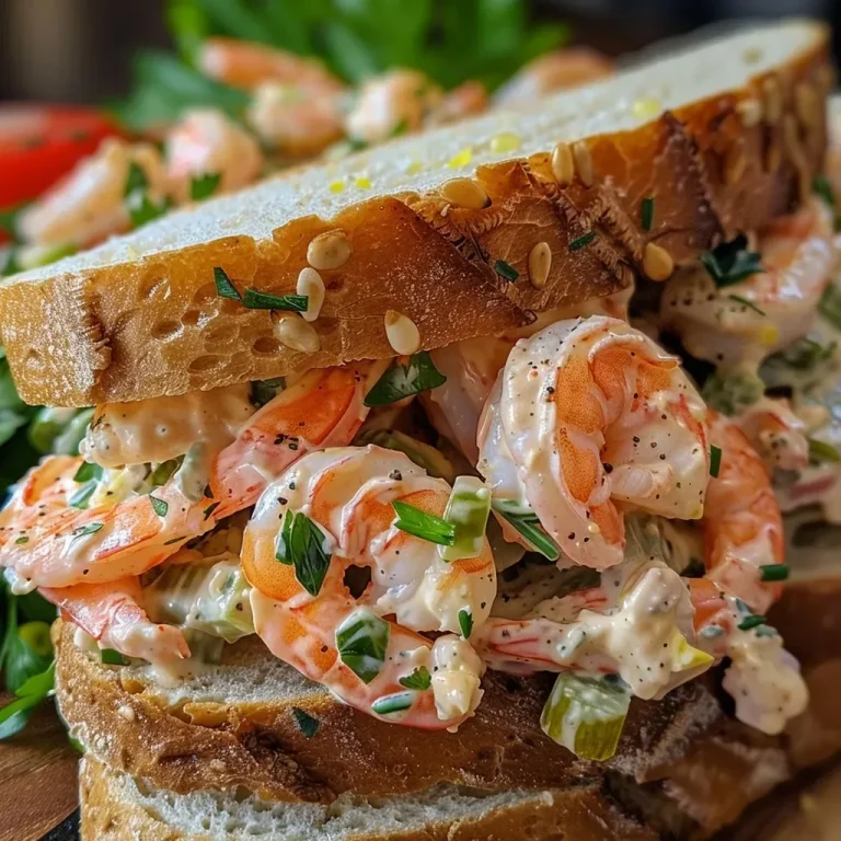 ['Close-up side view of a shrimp salad sandwich with vibrant ingredients.', 'A delicious shrimp salad sandwich displayed with fresh shrimp and colorful toppings.', 'Juicy shrimp salad sandwich showcasing a medley of shrimp and colorful vegetables.', 'Detailed view of a shrimp salad sandwich with visible shrimp and toppings in a bun.']