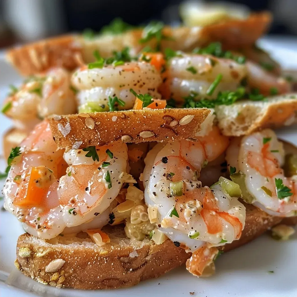 ['Close-up side view of a shrimp salad sandwich with vibrant ingredients.', 'A delicious shrimp salad sandwich displayed with fresh shrimp and colorful toppings.', 'Juicy shrimp salad sandwich showcasing a medley of shrimp and colorful vegetables.', 'Detailed view of a shrimp salad sandwich with visible shrimp and toppings in a bun.']