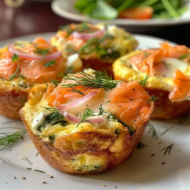 ['Close-up of smoked salmon egg muffins, showcasing a golden-brown exterior with visible chunks of salmon and green spinach.', 'Side view of fluffy smoked salmon egg muffins, highlighting a rich texture with chopped dill and melted cheese.', 'Delicious smoked salmon egg muffins arranged on a plate, featuring vibrant colors from spinach and red onion.', 'Juicy smoked salmon egg muffins with a crispy top, displaying pieces of salmon and herbs in a baking dish.']
