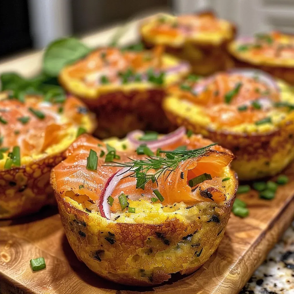 ['Close-up of smoked salmon egg muffins, showcasing a golden-brown exterior with visible chunks of salmon and green spinach.', 'Side view of fluffy smoked salmon egg muffins, highlighting a rich texture with chopped dill and melted cheese.', 'Delicious smoked salmon egg muffins arranged on a plate, featuring vibrant colors from spinach and red onion.', 'Juicy smoked salmon egg muffins with a crispy top, displaying pieces of salmon and herbs in a baking dish.']