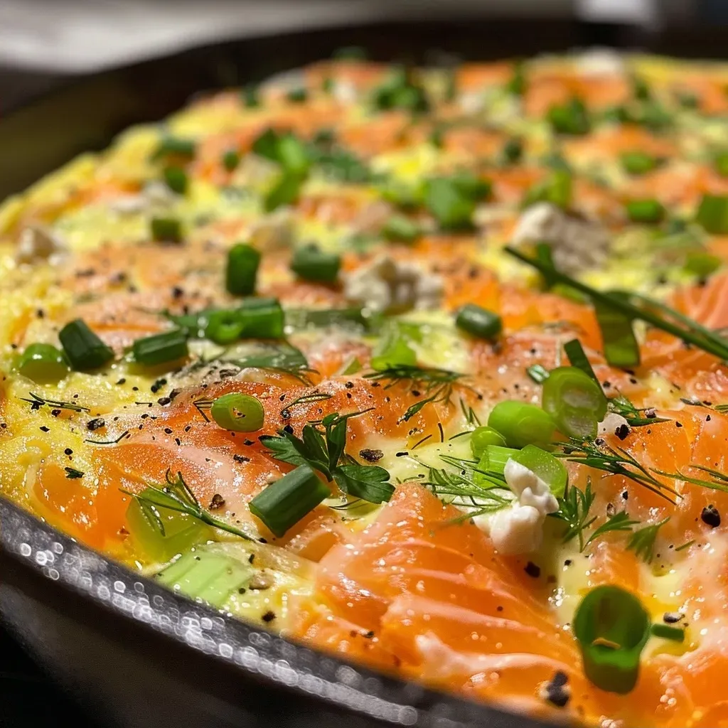 Close-up view of a smoked salmon frittata featuring a golden crust and vibrant herbs.