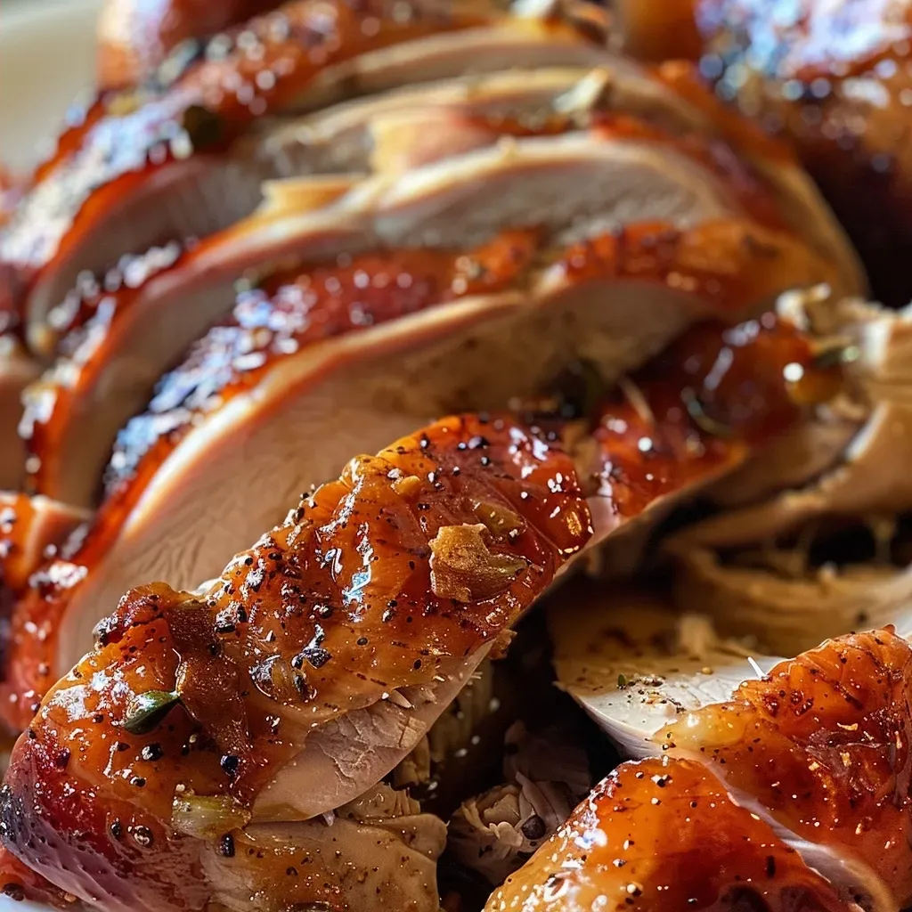 Close-up view of juicy smoked turkey thighs drizzled with balsamic and olive oil.