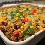 ['Close-up of a slice of Southwestern Quinoa Casserole with melted cheese on top.', 'Side view of a hearty quinoa casserole, showcasing ground beef and colorful vegetables.', 'Juicy Southwestern Quinoa Casserole sliced, revealing layers of quinoa and toppings.', 'A dish of quinoa casserole filled with red bell peppers, corn, and cheese, served in a baking dish.']