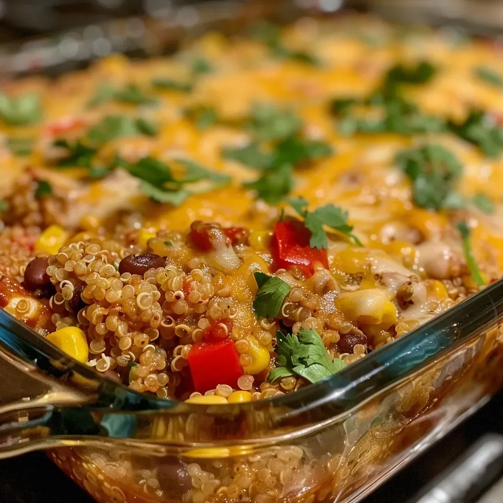 Close-up of a slice of Southwestern Quinoa Casserole with melted cheese on top.