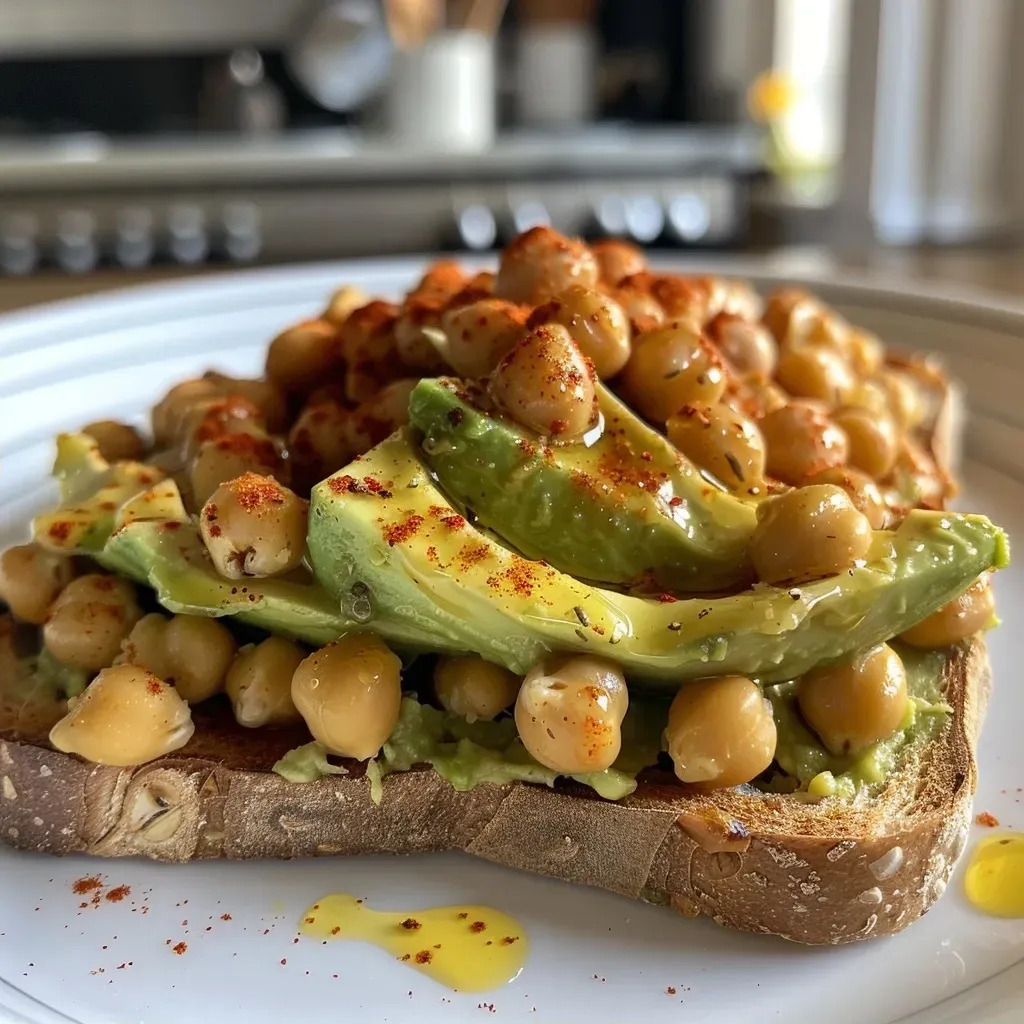 Close-up view of a slice of sourdough topped with spicy chickpeas and avocado.