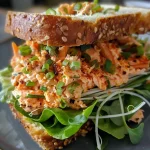 ['Close-up view of a spicy salmon salad sandwich on gluten-free bread with colorful toppings.', 'Side shot of a juicy spicy salmon salad sandwich with fresh greens and sprouts.', 'Delicious spicy salmon salad sandwich featuring layers of salmon, mayo, sriracha, and vegetables.', 'An appetizing spicy salmon salad sandwich, showcasing vibrant green onions and romaine lettuce.']