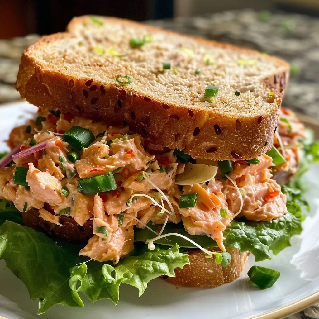 ['Close-up view of a spicy salmon salad sandwich on gluten-free bread with colorful toppings.', 'Side shot of a juicy spicy salmon salad sandwich with fresh greens and sprouts.', 'Delicious spicy salmon salad sandwich featuring layers of salmon, mayo, sriracha, and vegetables.', 'An appetizing spicy salmon salad sandwich, showcasing vibrant green onions and romaine lettuce.']