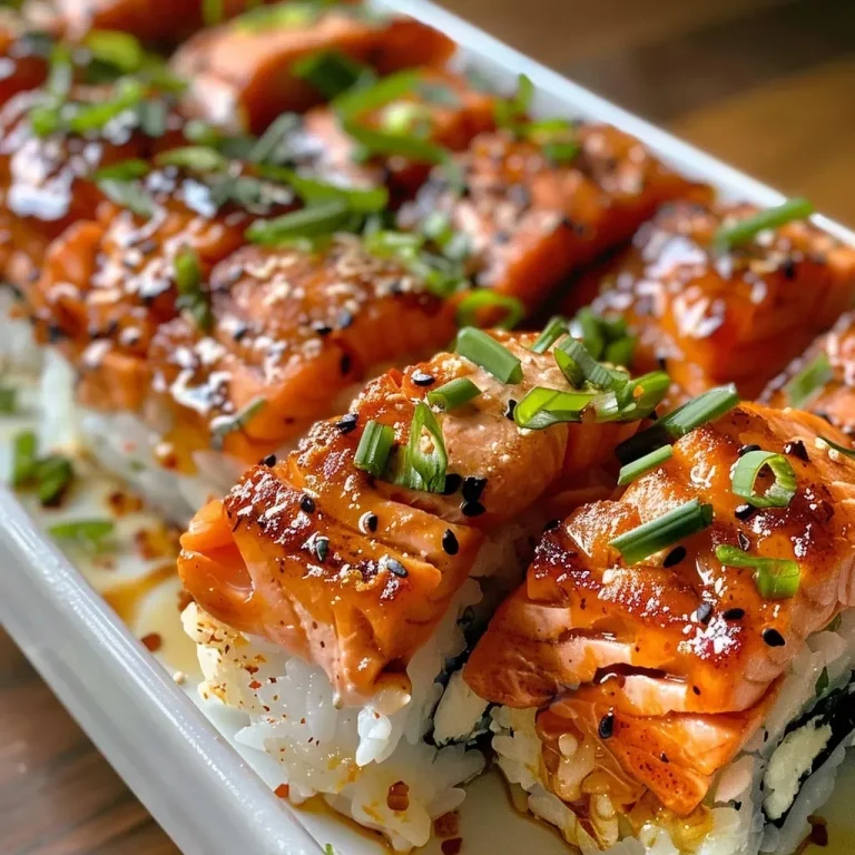 ['Close-up view of a delicious Spicy Salmon Sushi Bake on a plate.', 'Side angle of a Spicy Salmon Sushi Bake, showcasing its ingredients and texture.', 'Juicy Spicy Salmon Sushi Bake with a golden top, garnished with green onions.', 'Detailed view of a creamy Spicy Salmon Sushi Bake with roasted seaweed snacks.']
