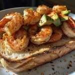 ['A close-up view of a spicy shrimp sandwich with avocado and a creamy sauce.', 'A succulent spicy shrimp sandwich showcased from the side, highlighting its fresh ingredients.', 'A vibrant spicy shrimp sandwich loaded with shrimp and avocado, captured in detail.', 'Detailed side view of a spicy shrimp sandwich, focusing on the shrimp and toppings.']