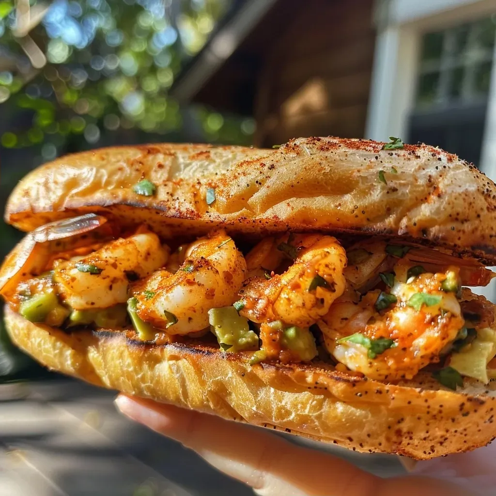 ['A close-up view of a spicy shrimp sandwich with avocado and a creamy sauce.', 'A succulent spicy shrimp sandwich showcased from the side, highlighting its fresh ingredients.', 'A vibrant spicy shrimp sandwich loaded with shrimp and avocado, captured in detail.', 'Detailed side view of a spicy shrimp sandwich, focusing on the shrimp and toppings.']