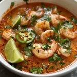 ['Close-up view of a bowl of Spicy Shrimp Soup with colorful ingredients.', 'Juicy Spicy Shrimp Soup featuring shrimp, jalapeños, and herbs in a bowl.', 'A side view of Spicy Shrimp Soup, showcasing juicy shrimp and vibrant toppings.', 'Detail of Spicy Shrimp Soup served with lime wedges and fresh cilantro.']