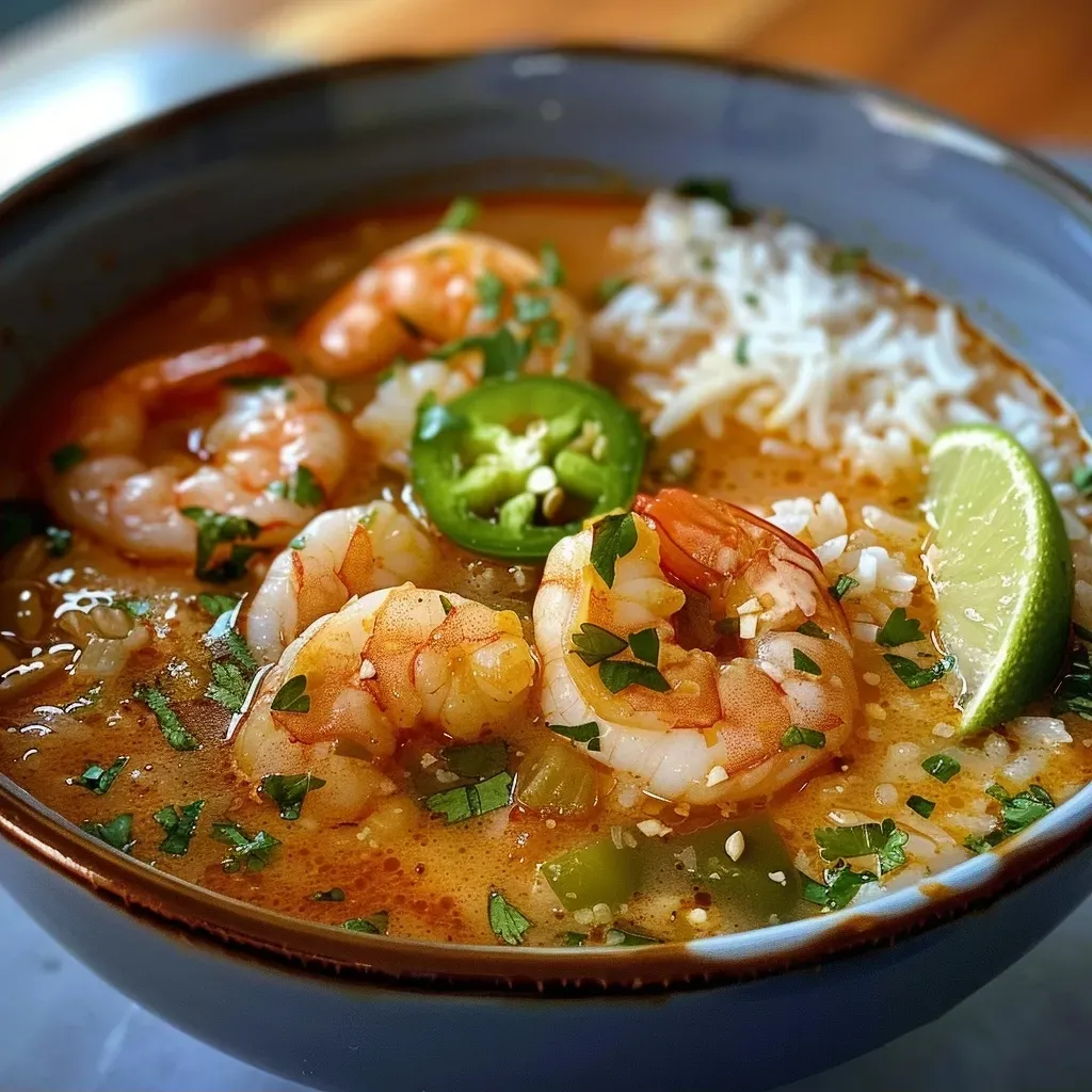 ['Close-up view of a bowl of Spicy Shrimp Soup with colorful ingredients.', 'Juicy Spicy Shrimp Soup featuring shrimp, jalapeños, and herbs in a bowl.', 'A side view of Spicy Shrimp Soup, showcasing juicy shrimp and vibrant toppings.', 'Detail of Spicy Shrimp Soup served with lime wedges and fresh cilantro.']