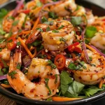 ['Close-up view of a Spicy Thai Shrimp Salad with vibrant colors and fresh ingredients.', 'Side angle of a delicious Spicy Thai Shrimp Salad showcasing shrimp, greens, and colorful veggies.', 'Juicy Spicy Thai Shrimp Salad with bright red chilies and greens in a clear bowl.', 'Top-down close-up of a Spicy Thai Shrimp Salad featuring plump shrimp and sliced vegetables.']