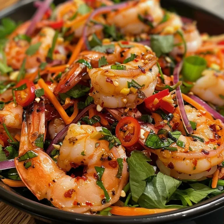 ['Close-up view of a Spicy Thai Shrimp Salad with vibrant colors and fresh ingredients.', 'Side angle of a delicious Spicy Thai Shrimp Salad showcasing shrimp, greens, and colorful veggies.', 'Juicy Spicy Thai Shrimp Salad with bright red chilies and greens in a clear bowl.', 'Top-down close-up of a Spicy Thai Shrimp Salad featuring plump shrimp and sliced vegetables.']