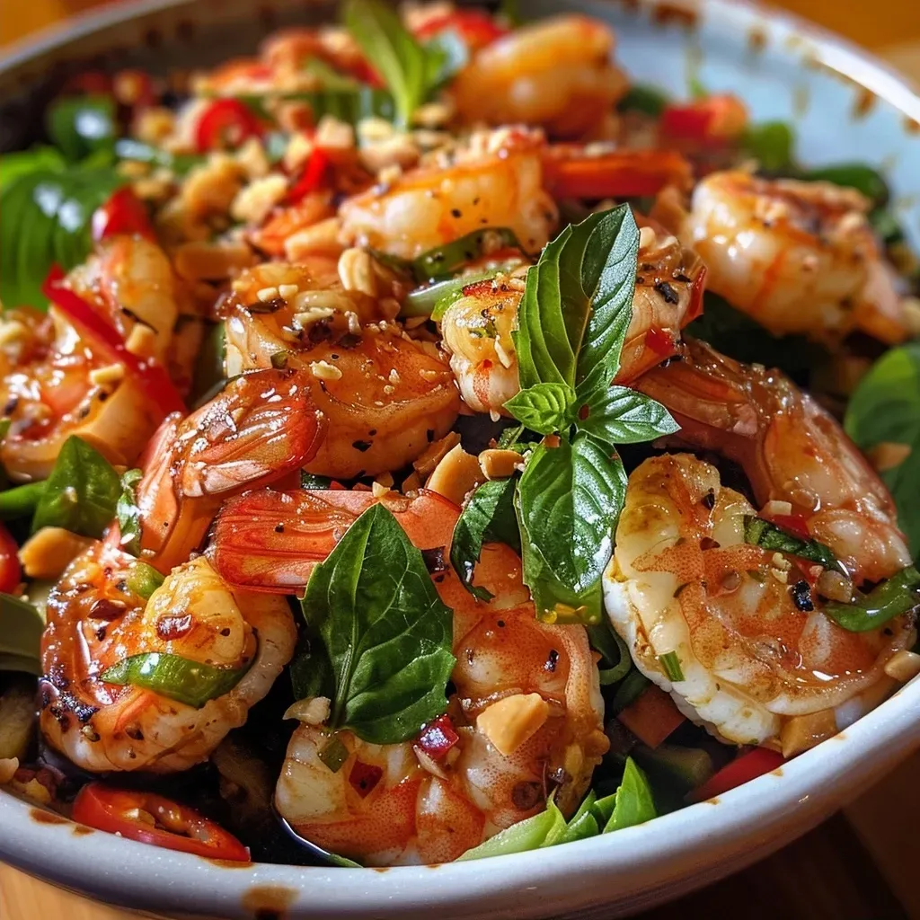 ['Close-up view of a Spicy Thai Shrimp Salad with vibrant colors and fresh ingredients.', 'Side angle of a delicious Spicy Thai Shrimp Salad showcasing shrimp, greens, and colorful veggies.', 'Juicy Spicy Thai Shrimp Salad with bright red chilies and greens in a clear bowl.', 'Top-down close-up of a Spicy Thai Shrimp Salad featuring plump shrimp and sliced vegetables.']