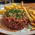 ['A close-up side view of Steak Tartare garnished with herbs, accompanied by golden crispy fries.', 'Juicy Steak Tartare served with a side of fresh fries, shot in natural light.', 'An iPhone photo capturing a plate of Steak Tartare and fries, highlighting the vibrant colors and textures.', 'Close-up of finely chopped Steak Tartare with a soft egg yolk, paired with crispy fried potatoes.']