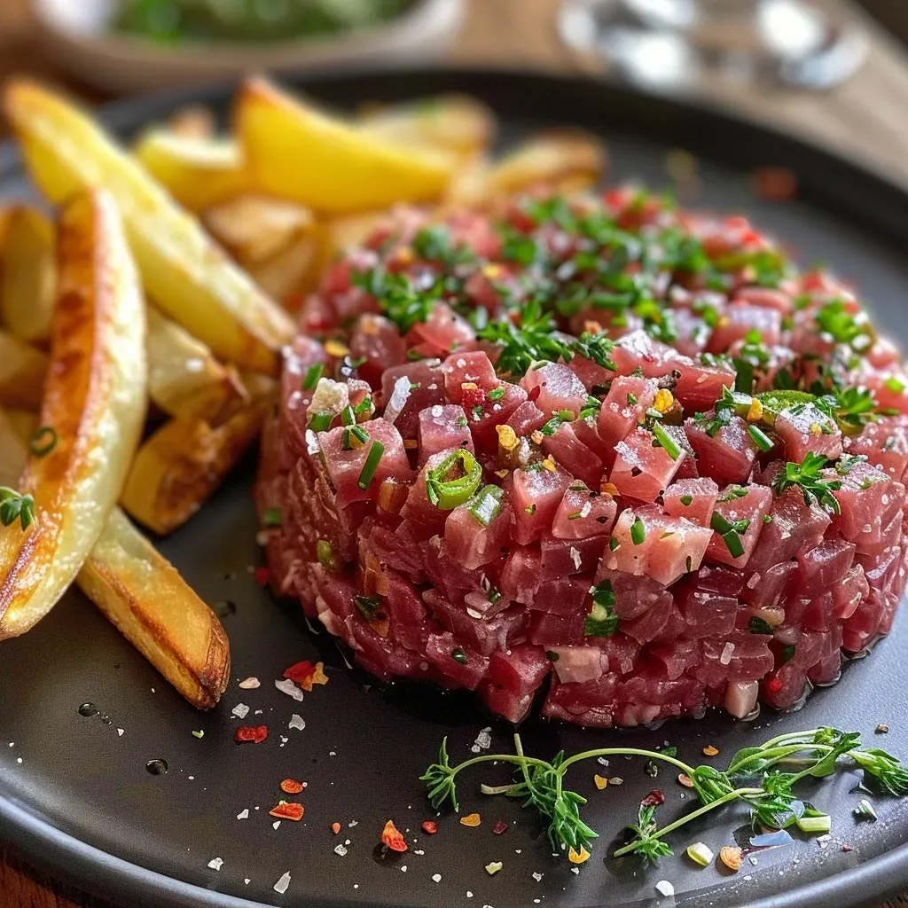 A close-up side view of Steak Tartare garnished with herbs, accompanied by golden crispy fries.