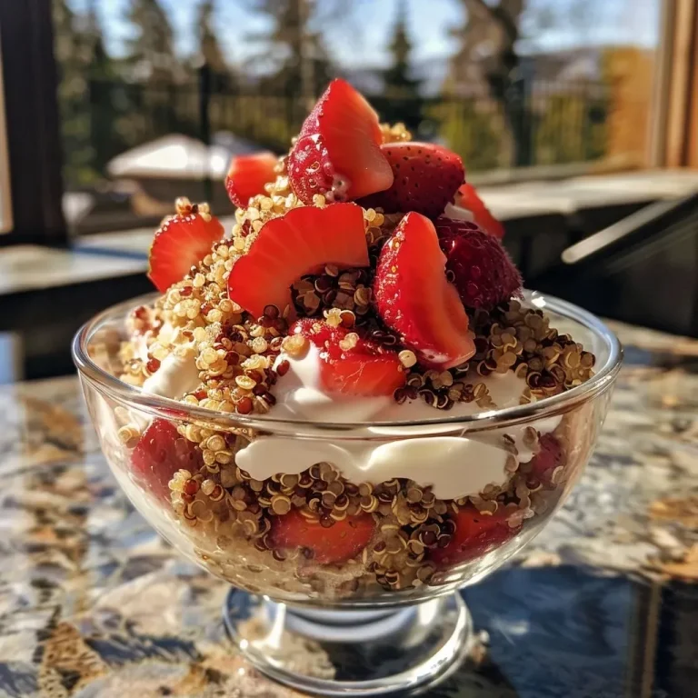 ['Close-up view of a vibrant Strawberry Quinoa Parfait in a glass, showcasing layers of strawberries and yogurt.', 'Side view of a Strawberry Quinoa Parfait, highlighting its colorful layers of quinoa, yogurt, and fresh strawberries.', 'Juicy Strawberry Quinoa Parfait with visible textures of quinoa and strawberries, served in a clear glass.', 'Detailed shot of a delicious Strawberry Quinoa Parfait, featuring red strawberries and creamy yogurt.']