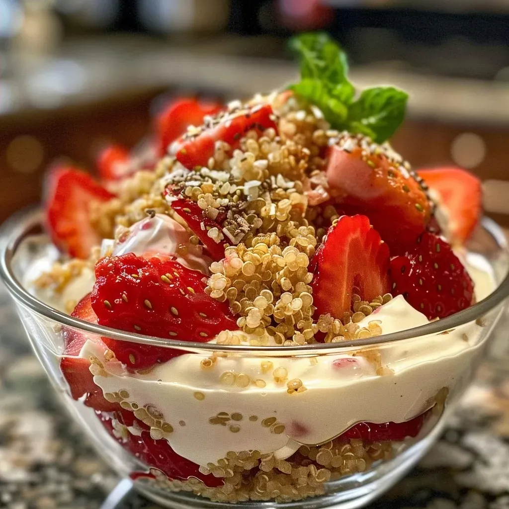 Close-up view of a vibrant Strawberry Quinoa Parfait in a glass, showcasing layers of strawberries and yogurt.