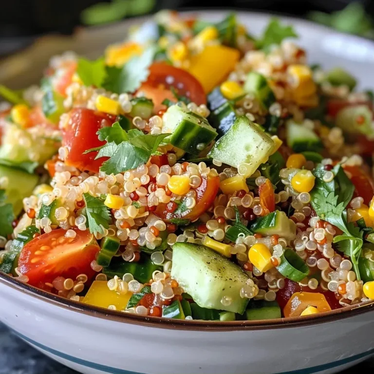 ['A vibrant bowl of Summer Quinoa Salad filled with fresh vegetables and greens.', 'Close-up view of a colorful quinoa salad showcasing diced vegetables and dressing.', 'A side view of a nutritious quinoa salad with an assortment of fresh ingredients.', 'A detailed look at a Summer Quinoa Salad featuring grains and chopped vegetables on a plate.']