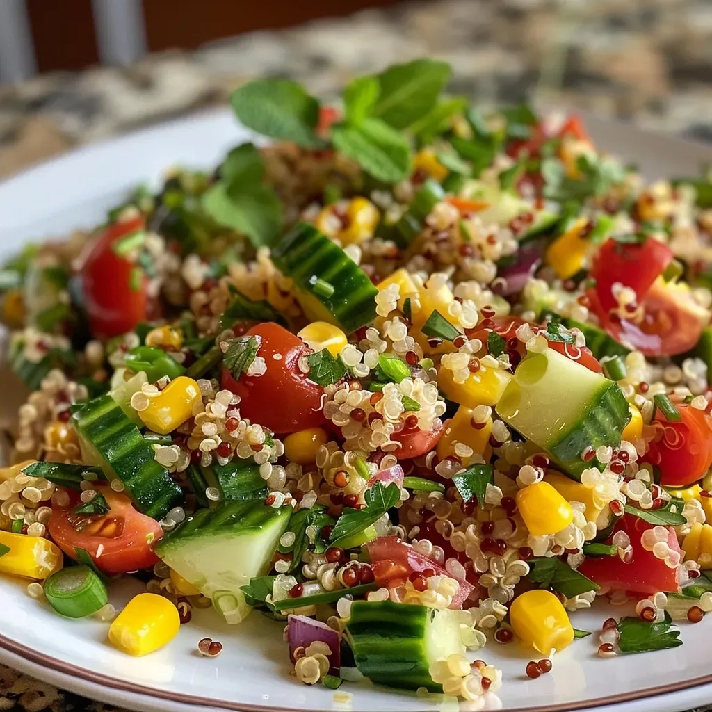 A vibrant bowl of Summer Quinoa Salad filled with fresh vegetables and greens.