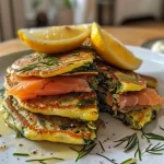 ['Close-up of green pancakes topped with smoked salmon and garnished with dill.', 'Side view of vibrant green pancakes served with luscious smoked salmon and lemon wedges.', 'Juicy green pancakes piled high with flaky smoked salmon and a dollop of crème fraîche.', 'Fluffy green pancakes elegantly arranged with fresh dill and lemon alongside smoked salmon.']