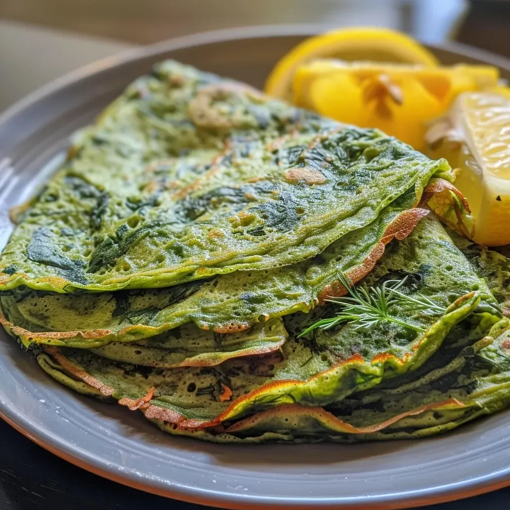 ['Close-up of green pancakes topped with smoked salmon and garnished with dill.', 'Side view of vibrant green pancakes served with luscious smoked salmon and lemon wedges.', 'Juicy green pancakes piled high with flaky smoked salmon and a dollop of crème fraîche.', 'Fluffy green pancakes elegantly arranged with fresh dill and lemon alongside smoked salmon.']
