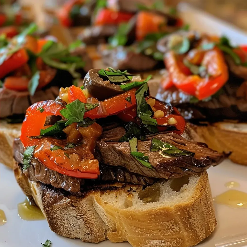 Close-up of layered steak and pepper parfaits in a glass, showcasing vibrant colors.