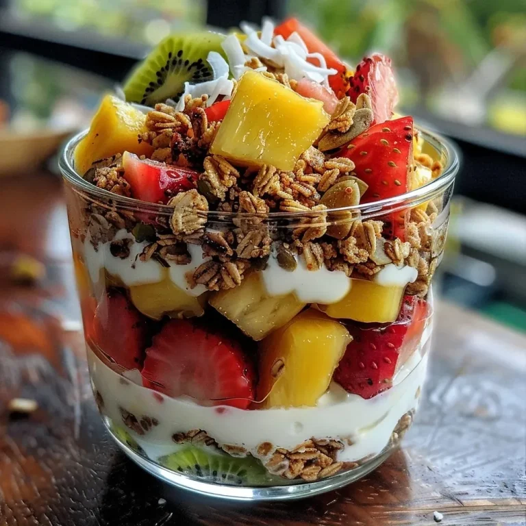 ['Close-up view of a Tropical Granola Parfait with vibrant fruits and coconut yogurt.', 'Side view of a colorful Tropical Granola Parfait filled with diced fruits and granola.', 'Juicy layers of a Tropical Granola Parfait showcasing pineapple, strawberries, kiwi, and mango.', 'A Tropical Granola Parfait featuring coconut yogurt, granola, and fresh tropical fruits.']