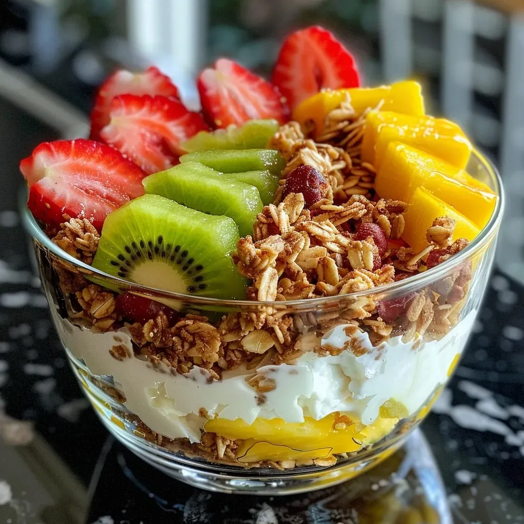 Close-up view of a Tropical Granola Parfait with vibrant fruits and coconut yogurt.