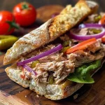 ['A close-up of a Tuna Ciabatta Sandwich with lemon and peppers, showcasing its layers.', 'Side view of a juicy Tuna Ciabatta Sandwich filled with tuna, onions, and peppers.', 'A Tuna Ciabatta Sandwich on a wooden board, highlighting its fresh ingredients.', 'Detailed view of a Tuna Ciabatta Sandwich with vibrant peppers and a lemon wedge.']