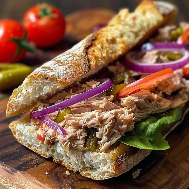 ['A close-up of a Tuna Ciabatta Sandwich with lemon and peppers, showcasing its layers.', 'Side view of a juicy Tuna Ciabatta Sandwich filled with tuna, onions, and peppers.', 'A Tuna Ciabatta Sandwich on a wooden board, highlighting its fresh ingredients.', 'Detailed view of a Tuna Ciabatta Sandwich with vibrant peppers and a lemon wedge.']