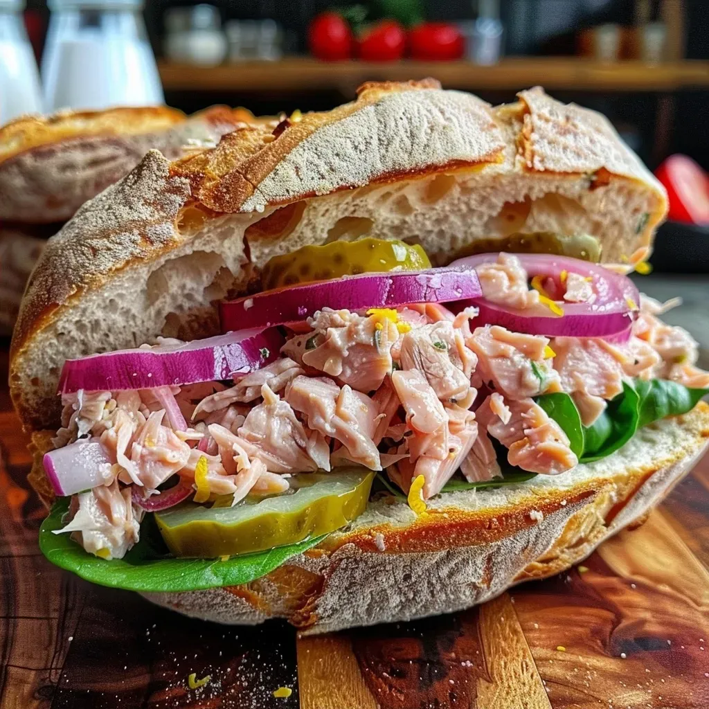 ['A close-up of a Tuna Ciabatta Sandwich with lemon and peppers, showcasing its layers.', 'Side view of a juicy Tuna Ciabatta Sandwich filled with tuna, onions, and peppers.', 'A Tuna Ciabatta Sandwich on a wooden board, highlighting its fresh ingredients.', 'Detailed view of a Tuna Ciabatta Sandwich with vibrant peppers and a lemon wedge.']