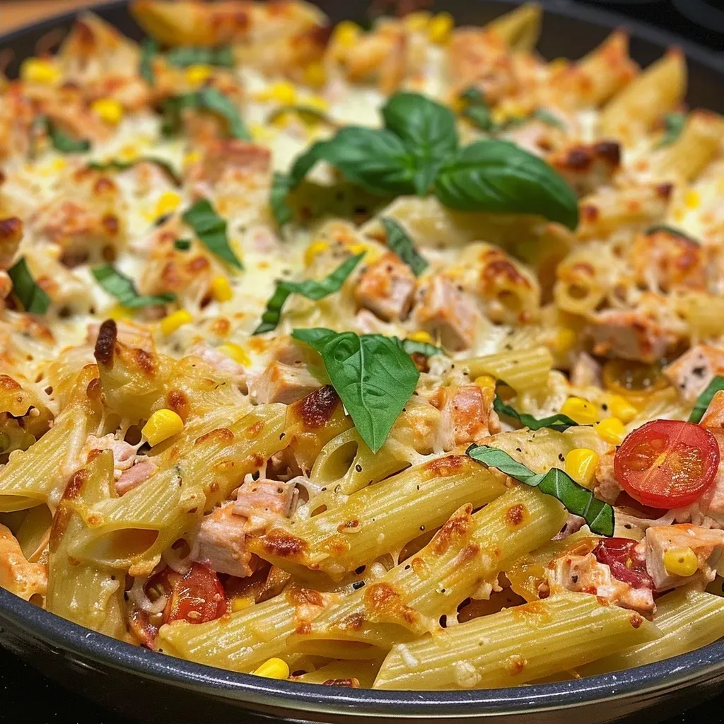 ['Close-up view of a creamy Tuna Pasta Bake topped with melted cheese and fresh basil.', 'Side view of a delicious Tuna Pasta Bake, showcasing pasta, tuna, and colorful toppings.', 'Juicy Tuna Pasta Bake with a golden cheese crust, garnished with chopped basil leaves.', 'Appetizing Tuna Pasta Bake in a baking dish, featuring pasta, tuna, and fresh ingredients.']