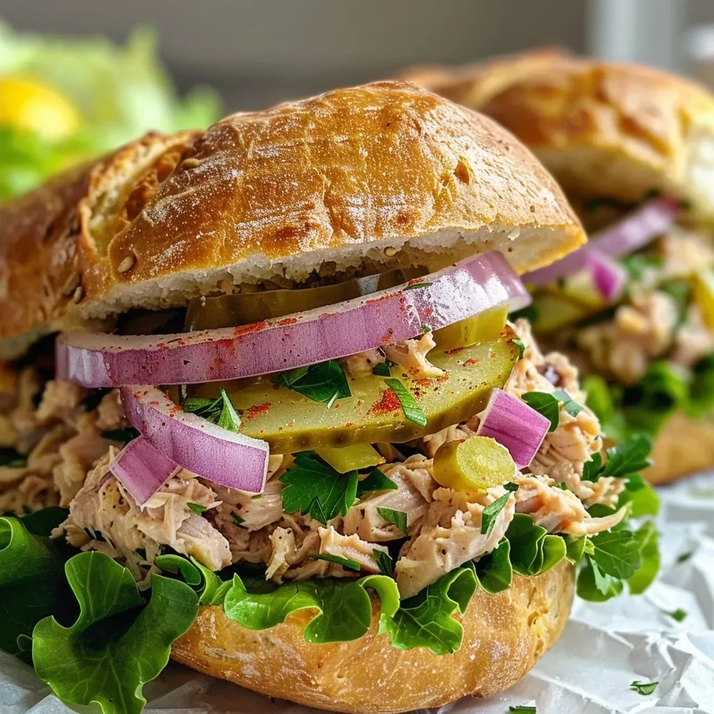 A side view of a juicy tuna sandwich on a wooden board.