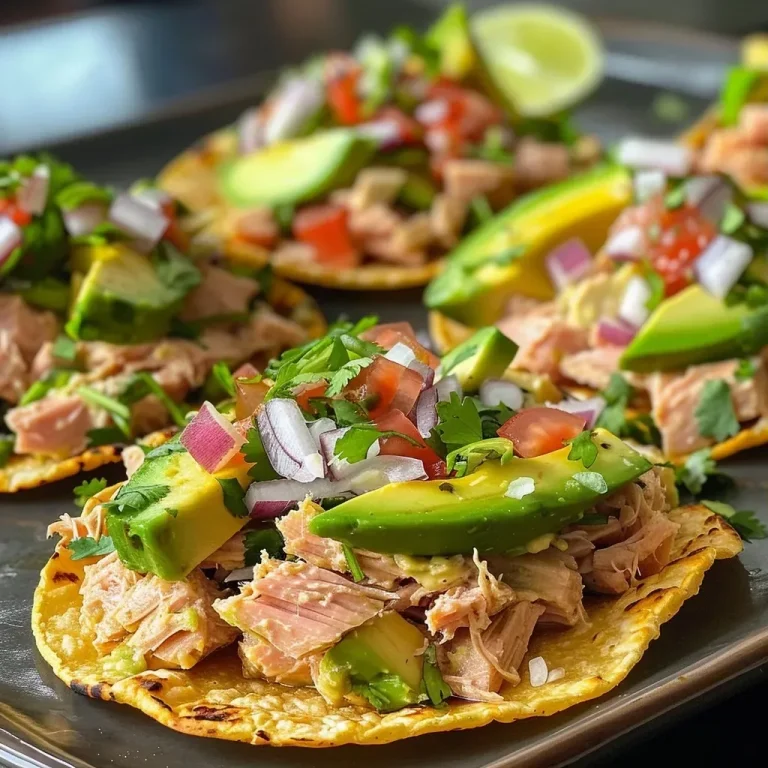 ['Close-up view of Tuna Tostadas with vibrant toppings.', 'Side view of a Tuna Tostada layered with avocado and fresh ingredients.', 'Juicy Tuna Tostadas adorned with cilantro and lime on a plate.', 'Colorful Tuna Tostadas showcasing fresh veggies and fish.']