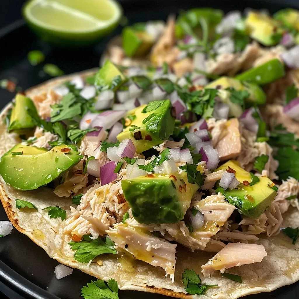 Close-up view of Tuna Tostadas with vibrant toppings.