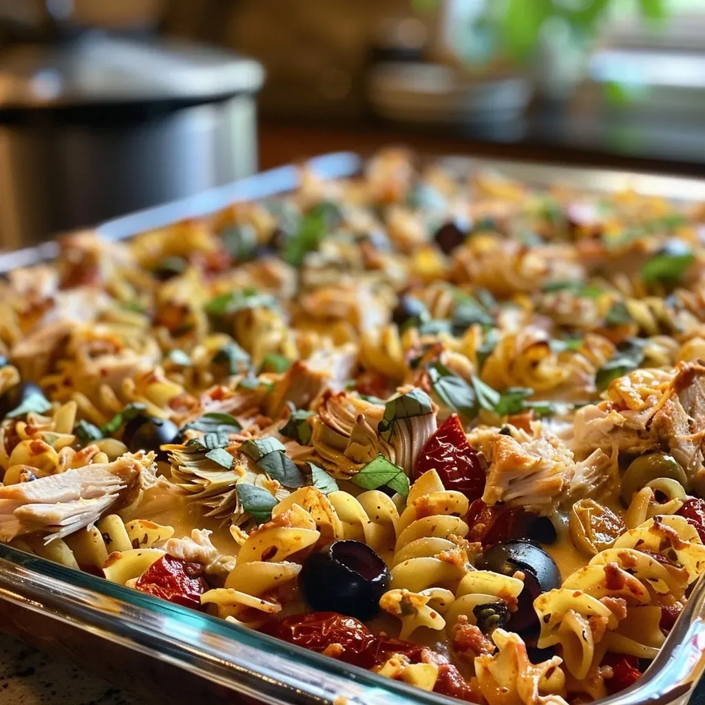['Close-up view of a juicy Turkey Mediterranean Casserole with melted cheese.', 'Side perspective of a Mediterranean casserole featuring turkey, pasta, and olives.', 'A colorful serving of Turkey Mediterranean Casserole, showcasing artichokes and tomatoes.', 'Detailed shot of baked casserole with layers of turkey, marinara, and mozzarella.']